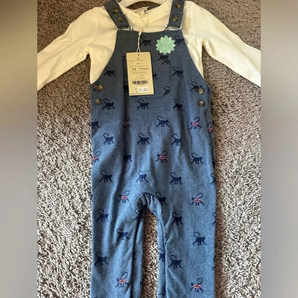 Monsoon Baby Overalls and Long Sleeve Top Set Blue Monkey Print Size 9–12M - Picture 2 of 4